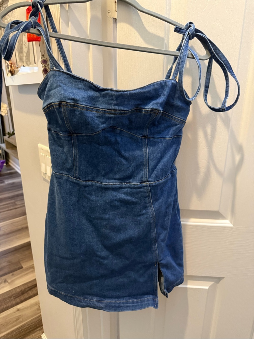 Denim Tie-Shoulder Mini Dress in Blue